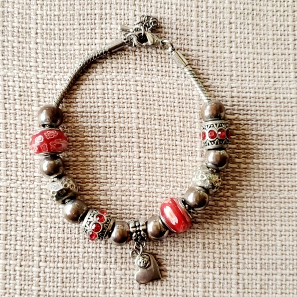 Charm Bracelet Red Hearts Silver Tone Snake Chain
